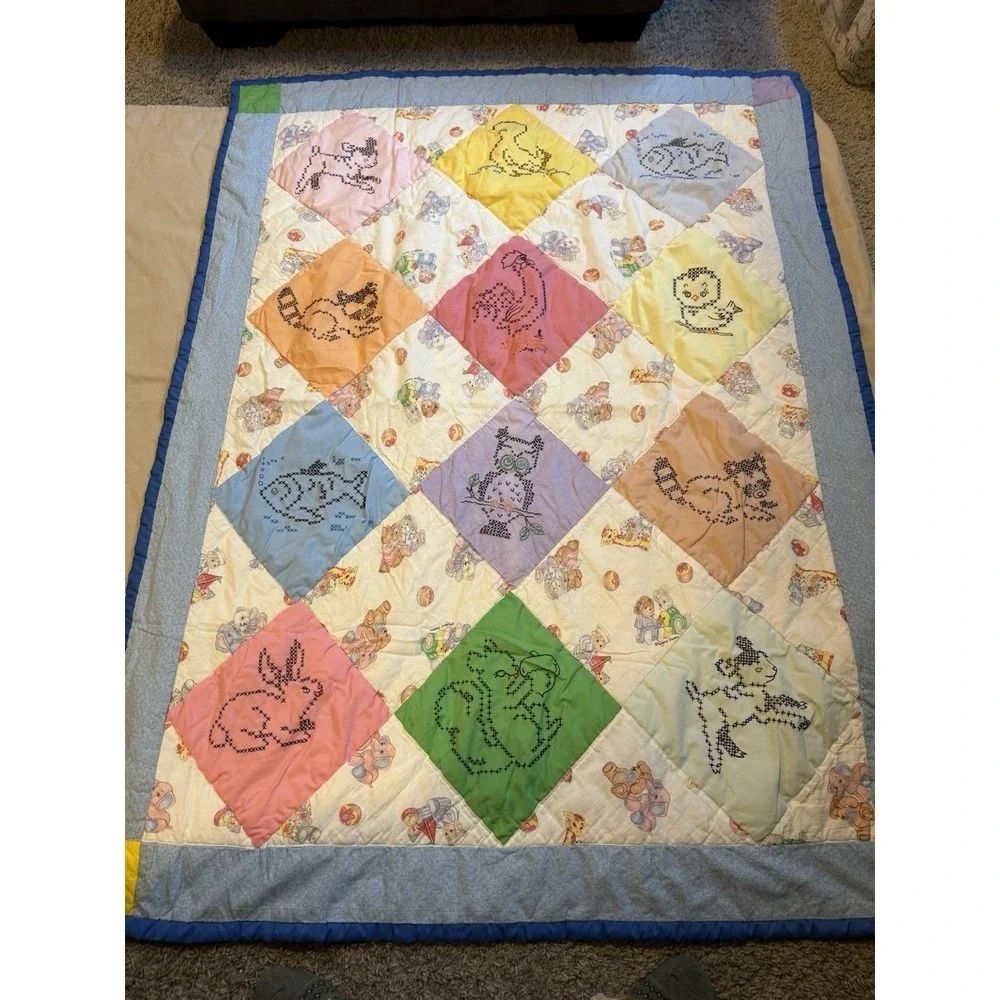 Vintage Handmade Baby Quilt Cross Stitch Cottage Core Animals